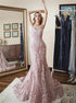 Spaghetti Straps Appliques Tulle Mermaid Pink Prom Dresses LBQ2372